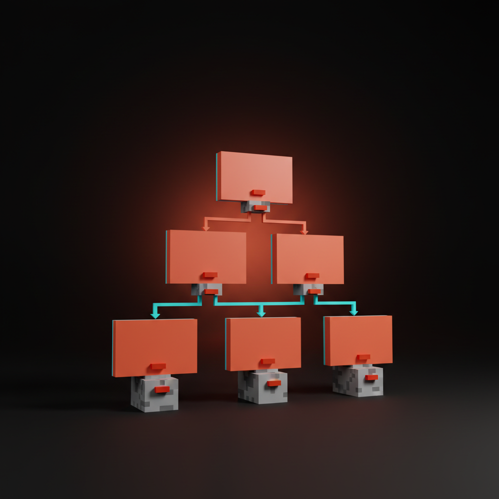 Voxel decision-tree diagram with five tiered question blocks connected by thin coral and cyan rules, leaning forward as if mid-audit