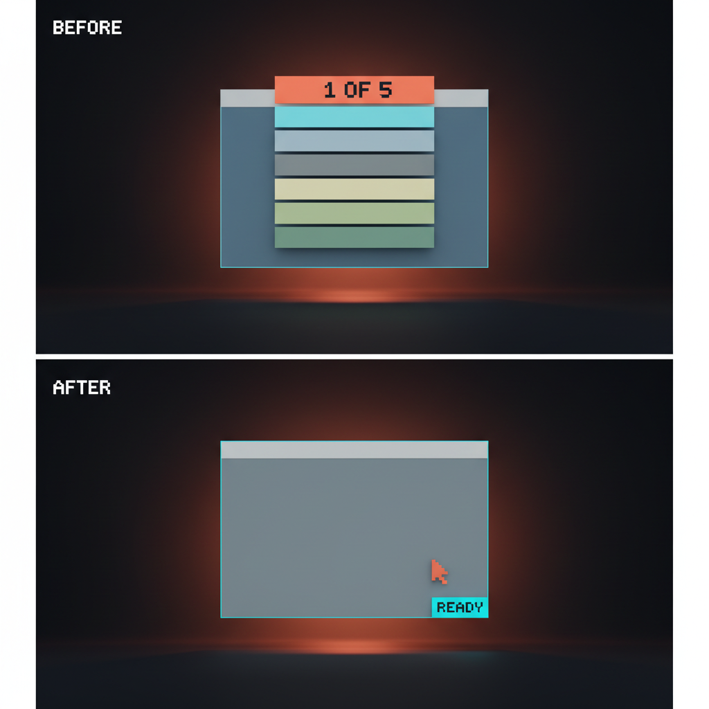Voxel before-and-after split, top frame stacked with modal cards labeled 1 OF 5, bottom frame the same product clean and ready with a blinking coral cursor