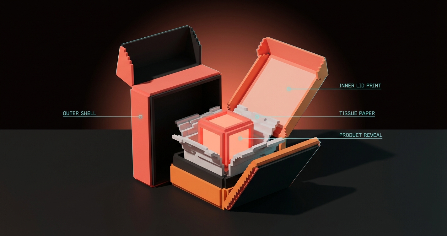 Cross-section of a premium box showing reveal layers: outer shell, inner lid print, tissue paper, and product reveal