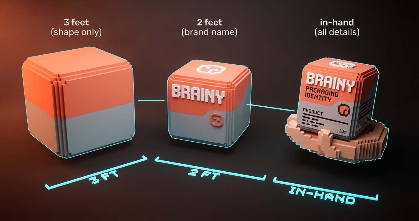 Three viewing distances from a shelf: 3 feet sees color and shape only, 2 feet reads the brand name, in-hand reveals all details