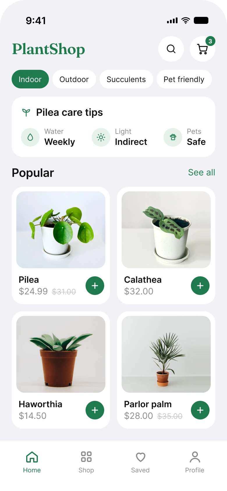 The same plant shop home screen fixed: the logo with search and cart buttons, four filter chips, a care tips card with three short facts and product cards with a photo, a name, a price and a round add button
