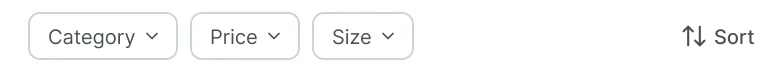 Three dropdown buttons labelled Category, Price and Size, and a Sort link