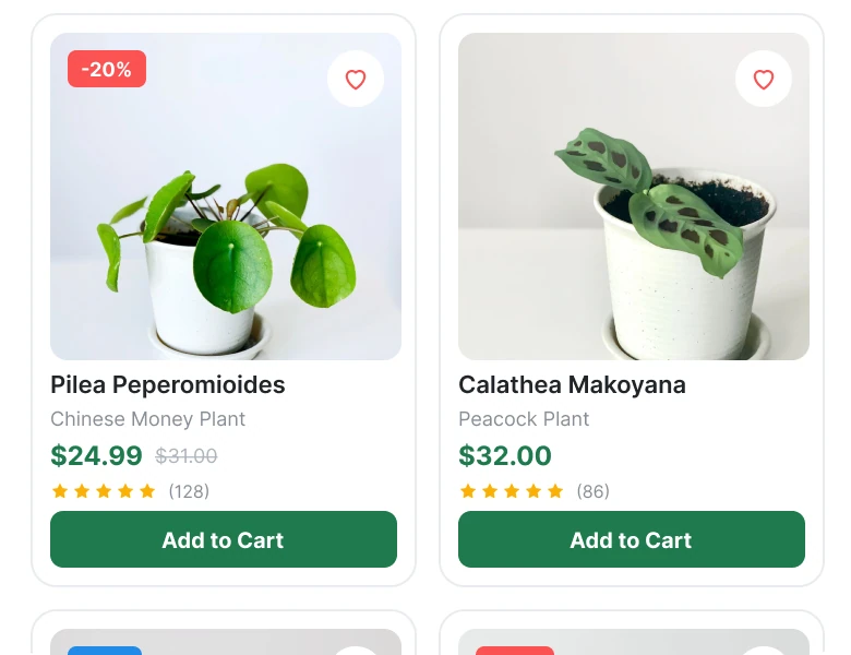 Two product cards, each with a photo that cuts the plant, a red 20% badge on the first, a heart on the photo, then a Latin name, a common name, a price, five stars with a review count and a green Add to Cart button