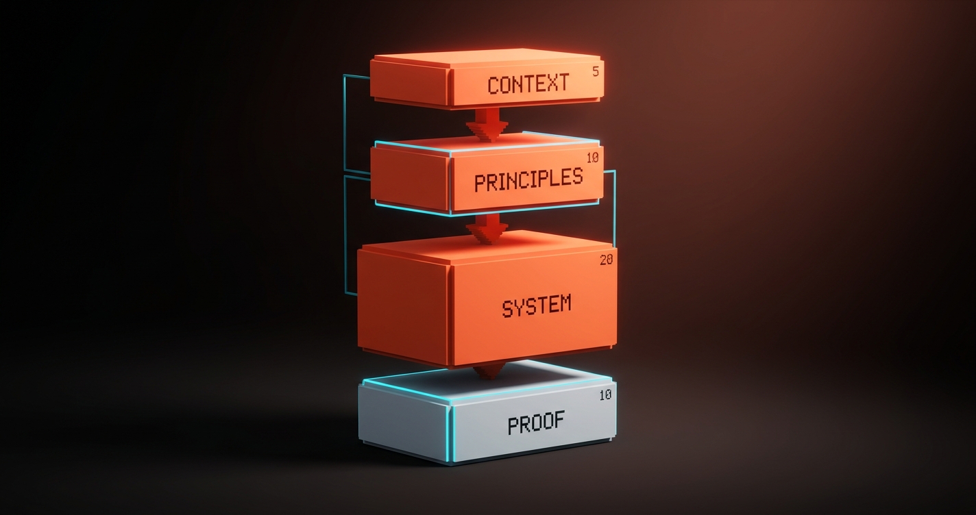 A voxel diagram of four stacked blocks labeled CONTEXT, PRINCIPLES, SYSTEM, PROOF with minute labels 5, 10, 20, 10, and arrows flowing downward. Dark background, cyan accent on the active block