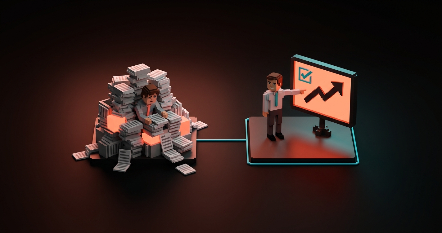 A voxel split diagram. Left: designer buried in stacked pages of rationale, labeled DEFENDING A DISSERTATION. Right: designer pointing at a single clear board with a recommendation, labeled SELLING A DECISION. Dark Brainy studio