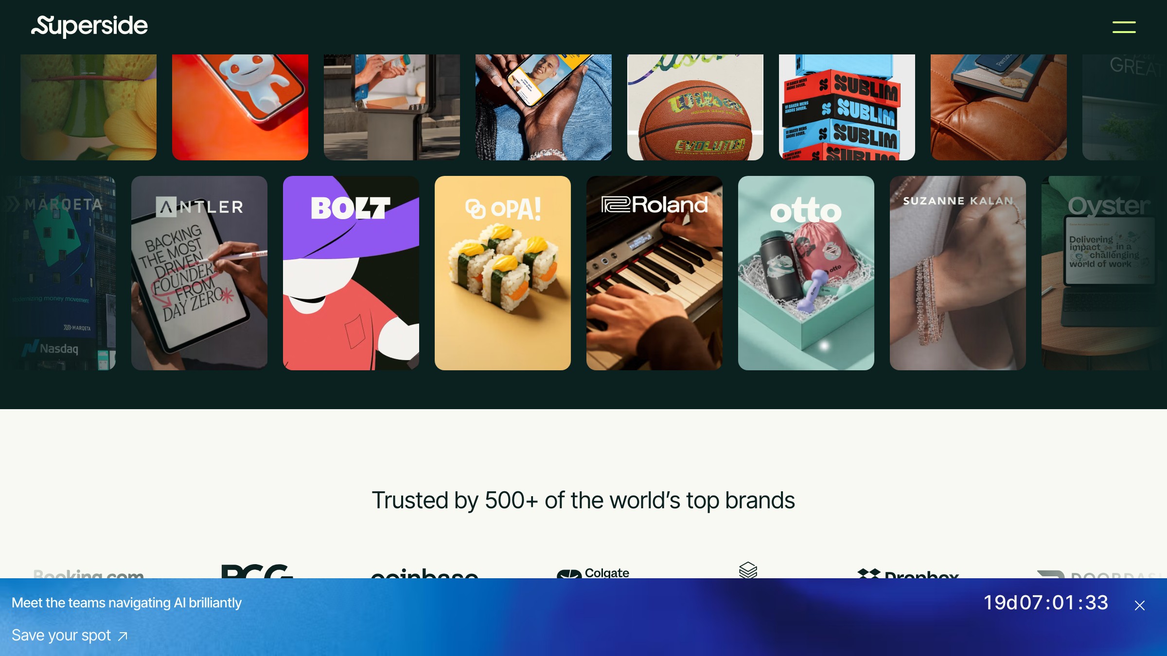 Superside homepage showing an enterprise productized design subscription with an always-on creative team