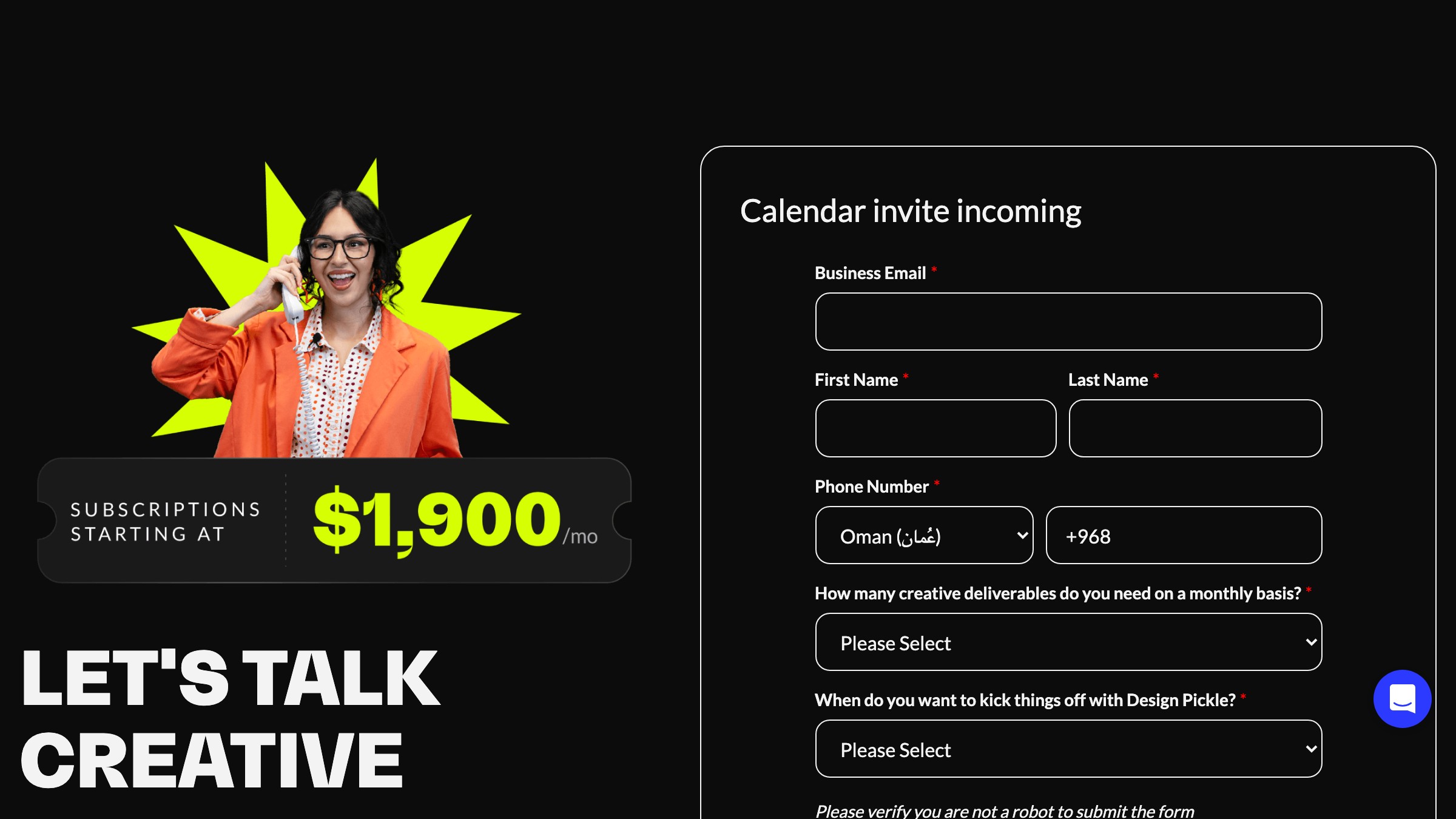 Design Pickle homepage showing its unlimited design subscription priced around 1,900 dollars per month