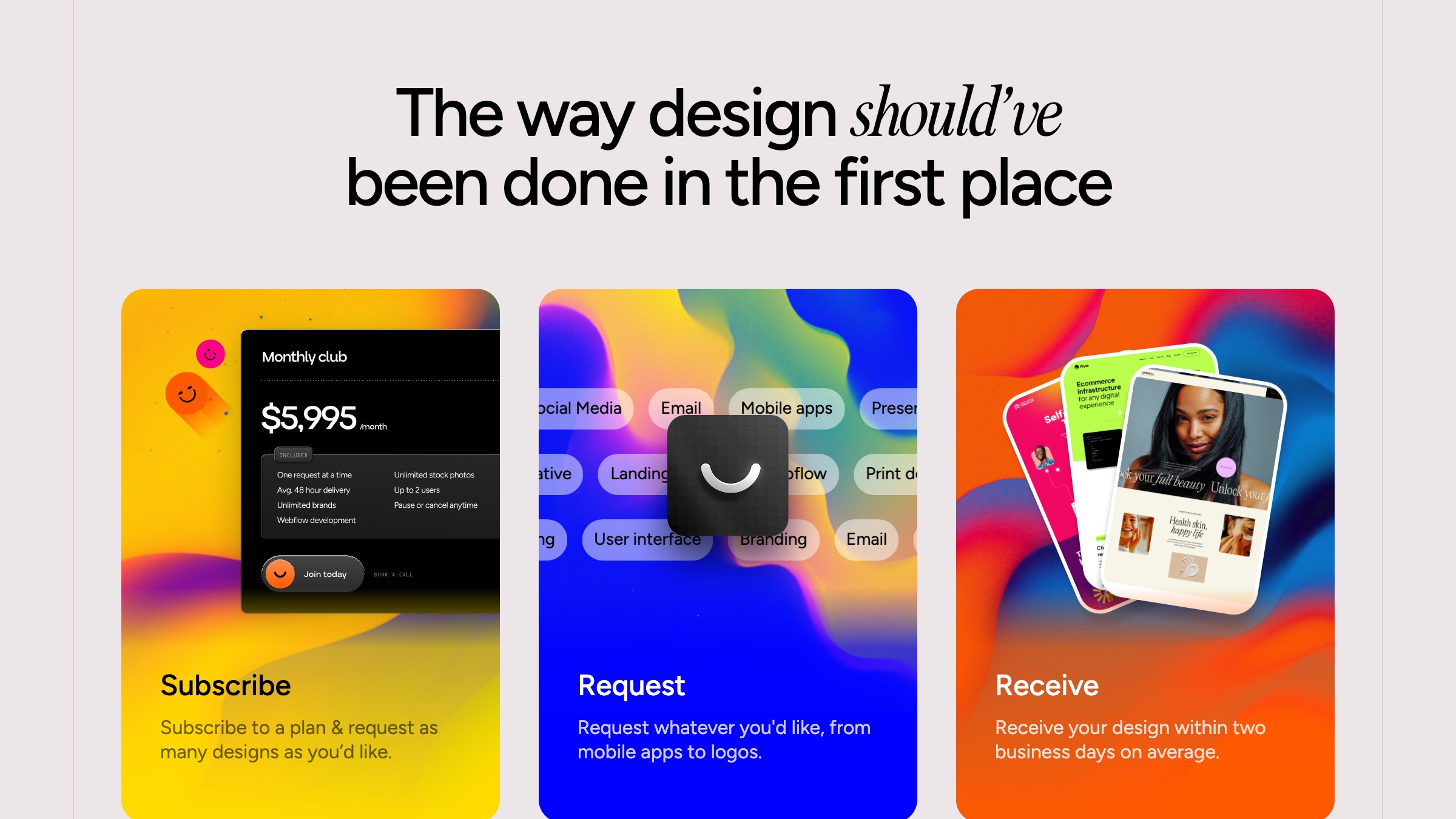Designjoy pricing showing monthly subscription tiers near 4,995 and 7,995 dollars with pause or cancel terms