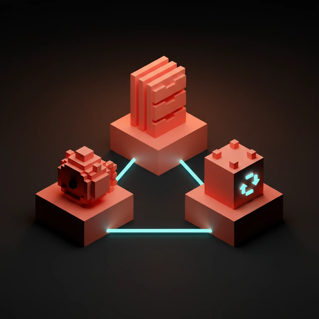 Voxel comparison of the three pricing models as coral podiums linked by cyan lines: hourly, a packaged prompt-library asset, and a recurring oversight retainer.