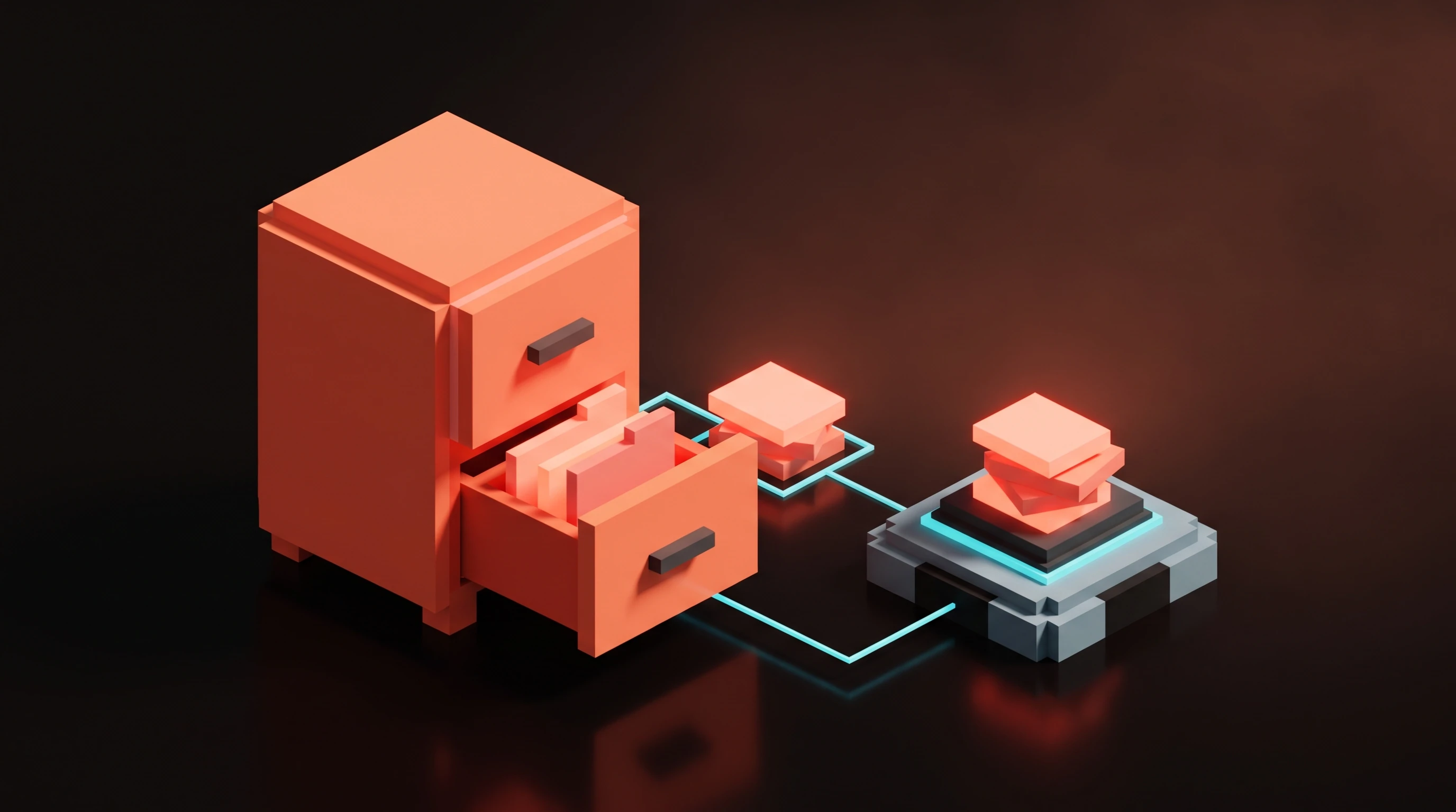 Voxel of the actual deliverable: a coral filing cabinet of tested prompt cards feeding a slate output platform, the reusable system you bill for rather than a single sentence.