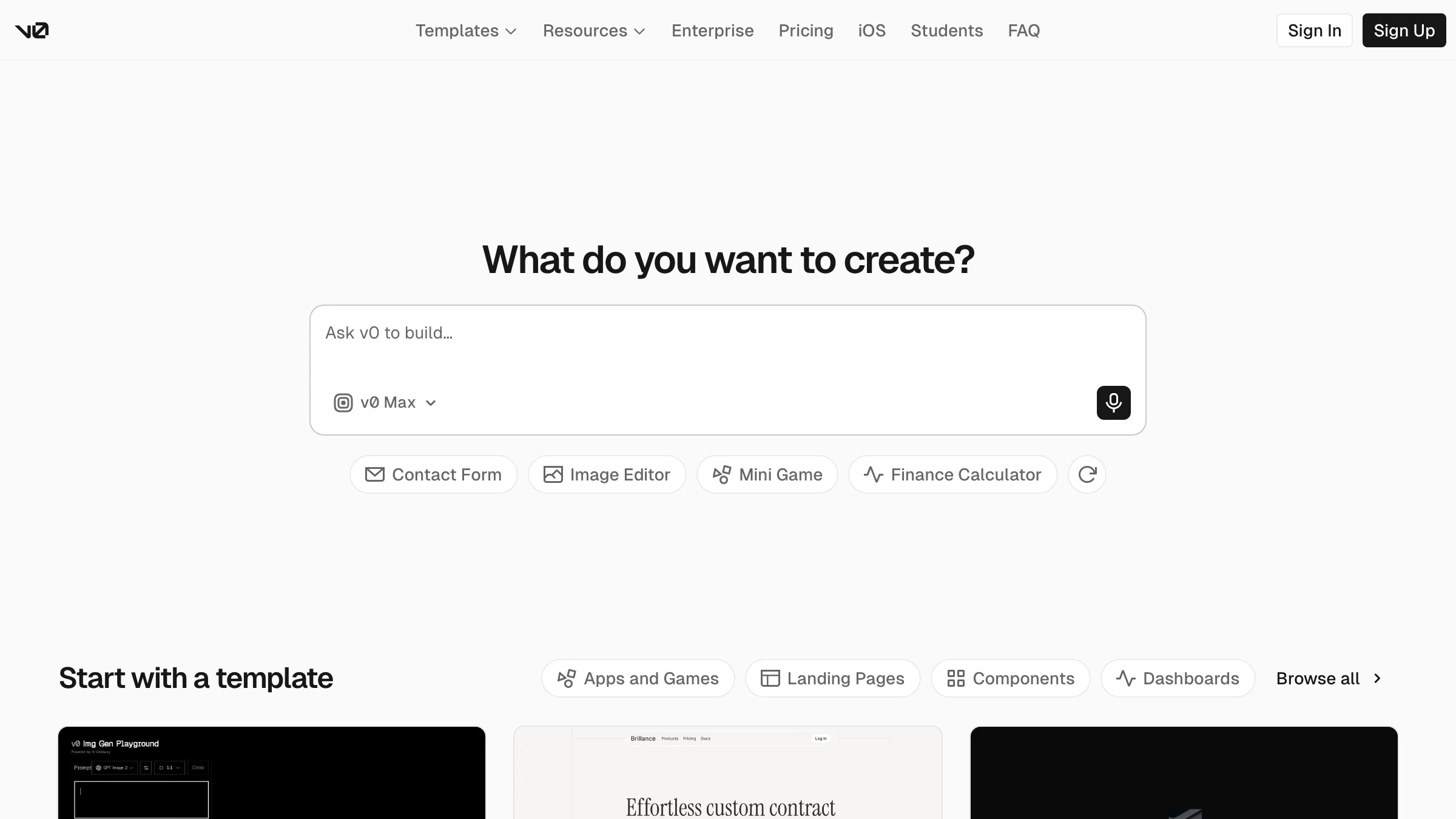 v0 by Vercel's prompt box, "what do you want to create," where a prompt generates real production UI and vague wording costs engineering time.
