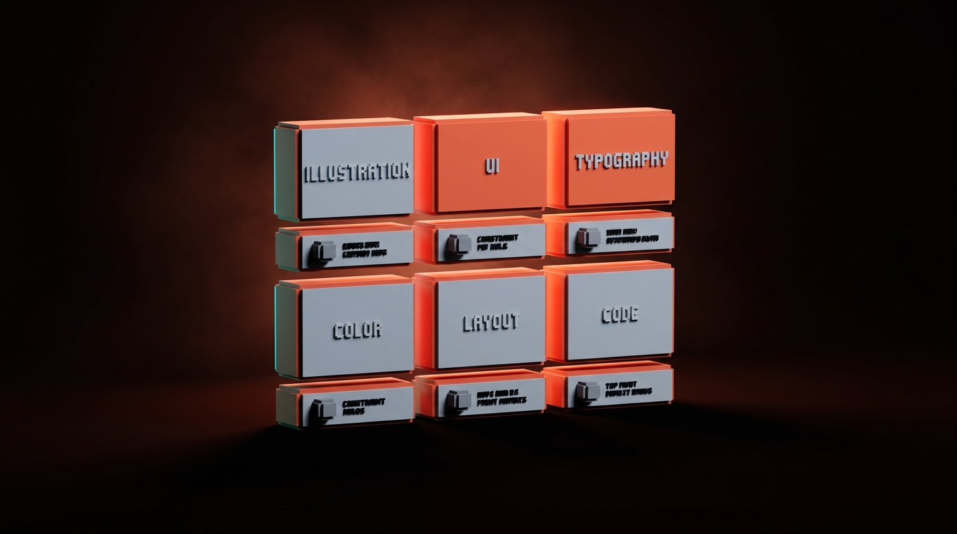 A card-based constraint library organized by design domain, like a designer's personal cheatsheet