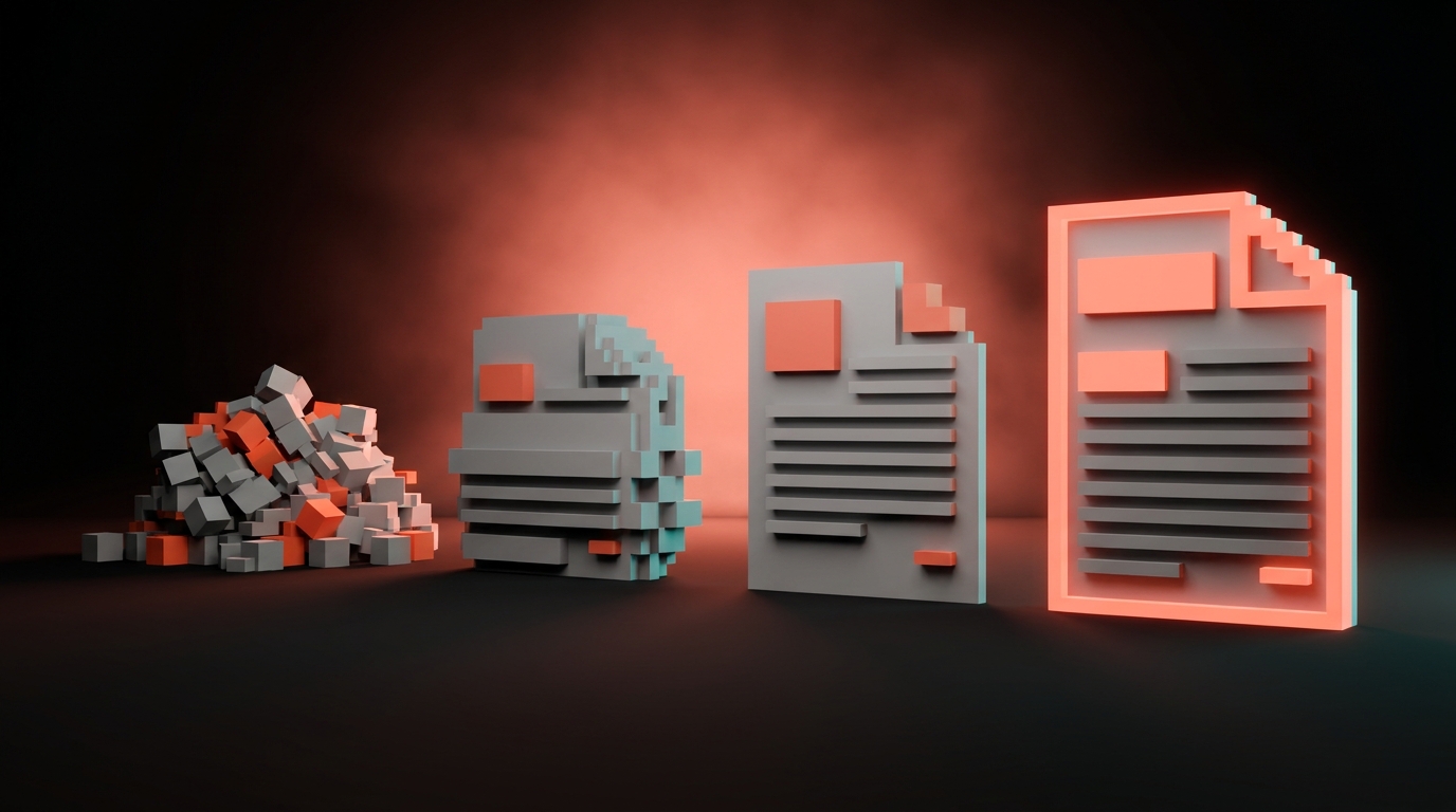 Four iterations of the same hero prompt, each visibly more refined than the last, showing the improvement from vague to structured