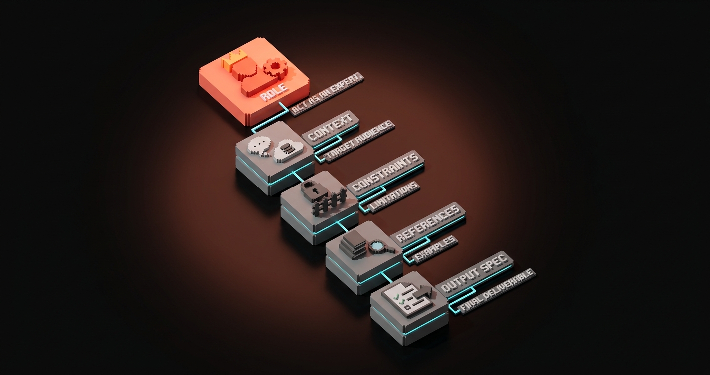 A labeled diagram showing the five parts of a prompt laid out like a creative brief with example phrases under each section