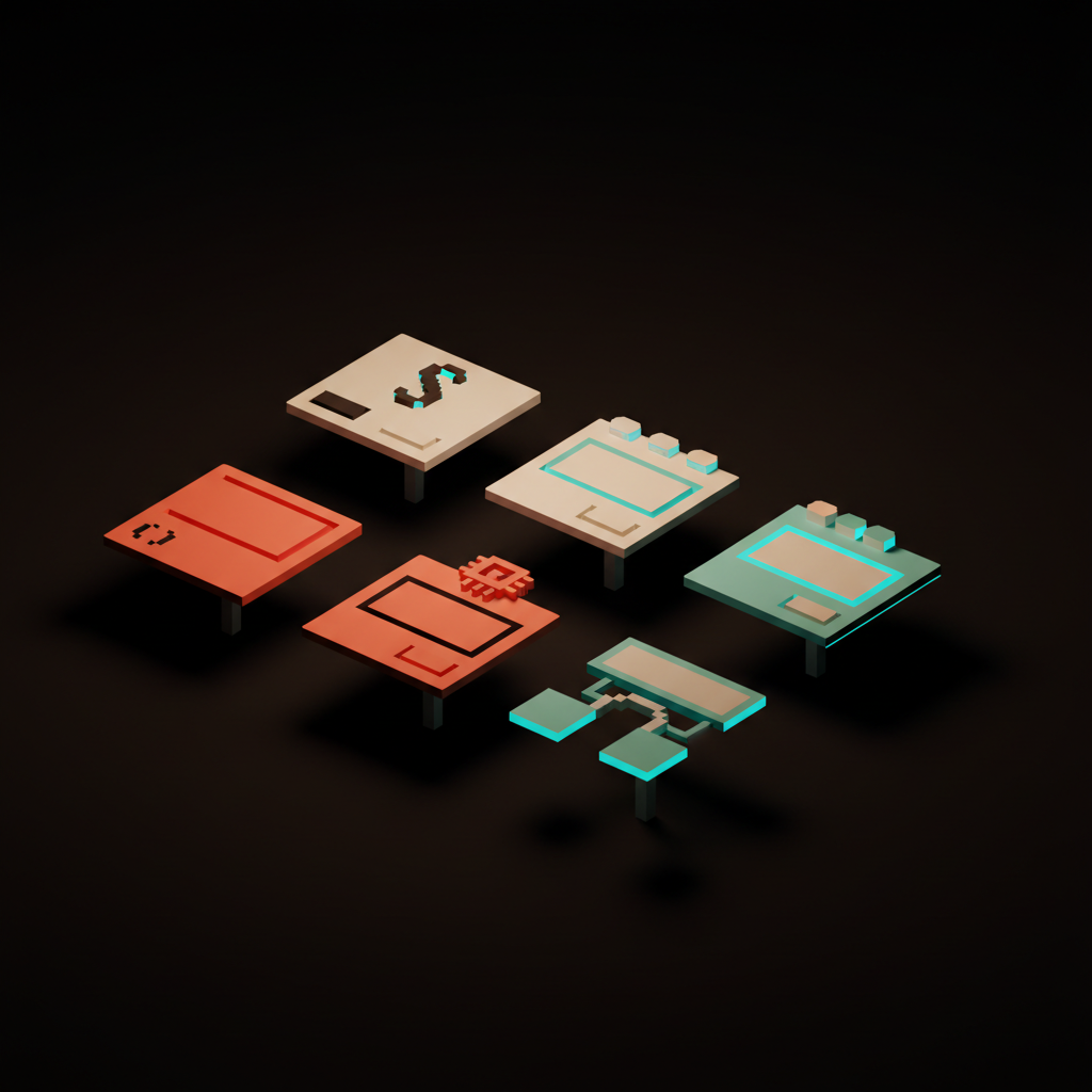 Voxel two-by-three grid of six small surface tiles, each labeled SCOPED PROMPT, SELECTION-DRIVEN, INLINE TOOLS, MEMORY CHIP, BRANCHING, APPROVAL GATE