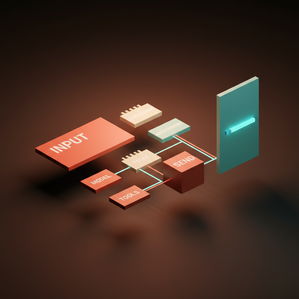 Voxel exploded-view diagram of a prompt surface broken into eight labeled component blocks floating apart in mid-air, with thin coral connectors showing they belong to a single component