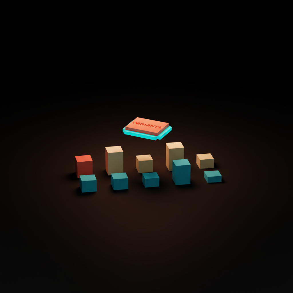 شبكة فوكسل ثلاثية الأبعاد من البلاطات الصغيرة بألوان الكريم المرجاني والأزرق السماوي، مع شريحة عائمة واحدة تحمل علامة "متغيرات"، استوديو مظلم مع ضباب مرجاني