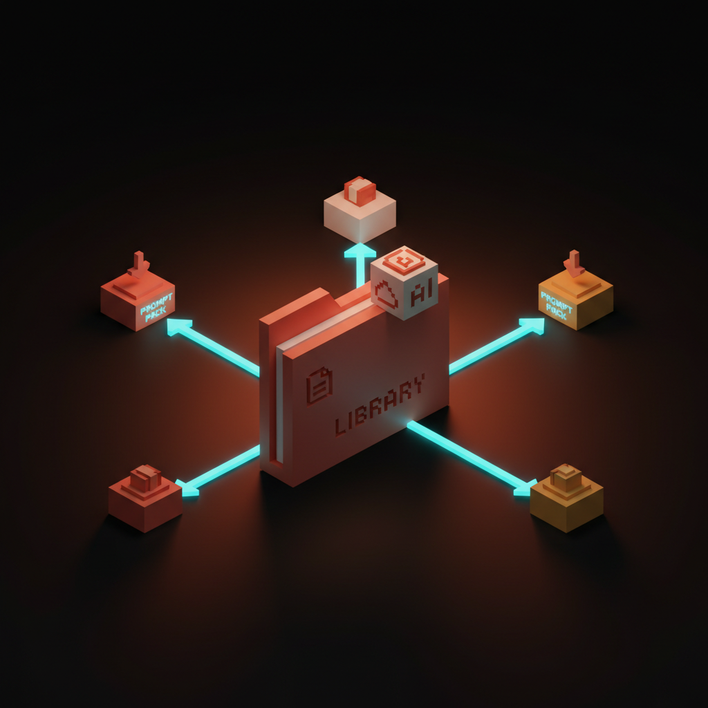 مجلد مركزي بتقنية فوكسل بثلاثة أسهم زرقاء رفيعة تشع إلى كتل محطة بلون كهرماني مرجاني وأبيض مائل للصفرة، ملصق كلمة واحدة "مكتبة" على المجلد المركزي، استوديو مظلم بضباب مرجاني