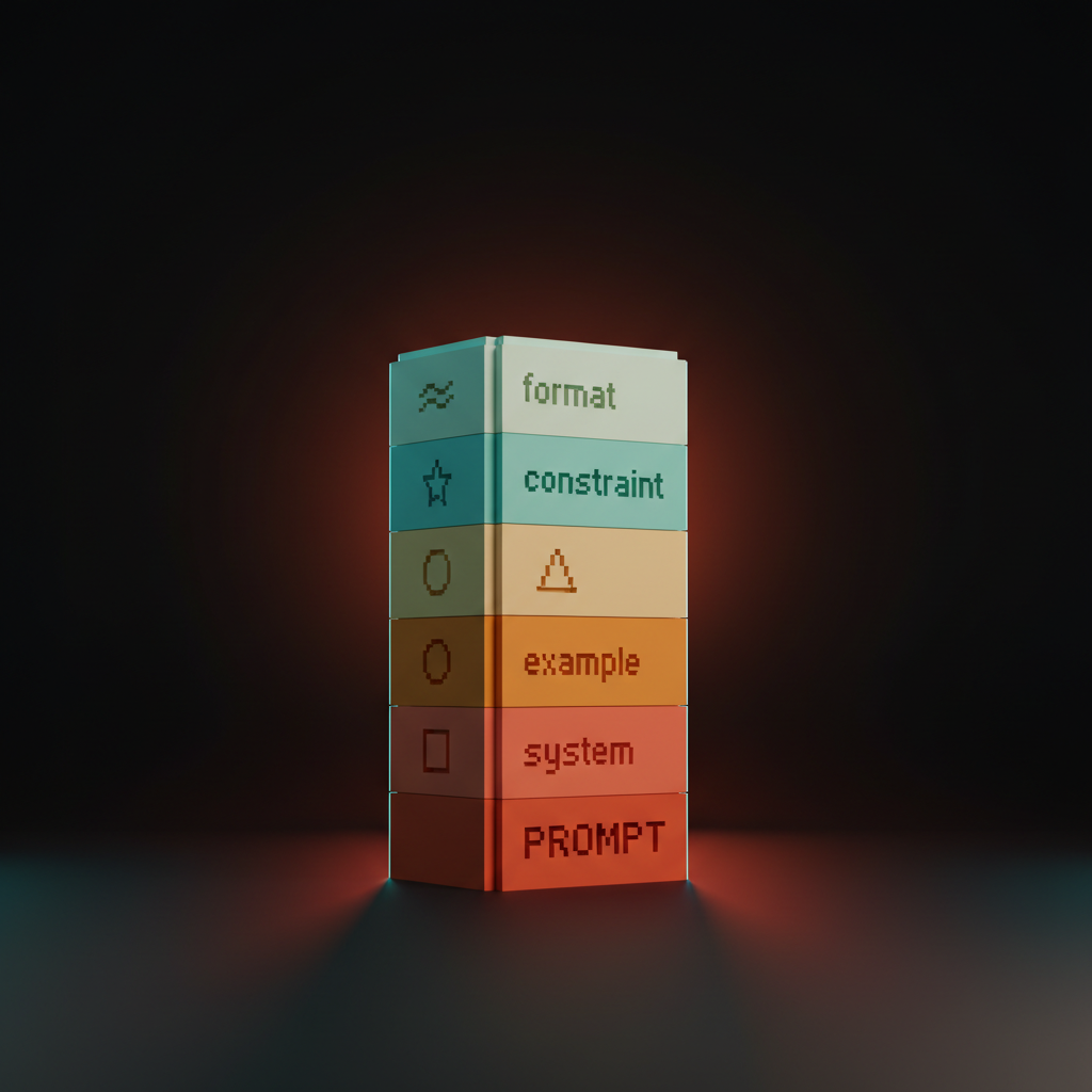 حجر فوكسل متراص بخمسة أشرطة أفقية متراصة بألوان المرجان والعنبر والكريمي والأزرق السماوي والأزرق المخضر الباهت، كل منها محفور عليه رمز صغير، وكلمة "PROMPT" مكتوبة على القاعدة، استوديو داكن مع ضباب مرجاني