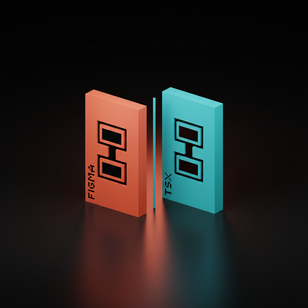 نمودار وکسل از دو سطح روی هم چیده شده در کف استودیو، سمت چپ یک تخته مرجانی بلند با برچسب FIGMA که به شکل درخت اجزای روی هم چیده شده حک شده و سمت راست یک تخته فیروزه‌ای بلند با برچسب TSX که با همان شکل حک شده و قرینه یکدیگر هستند.