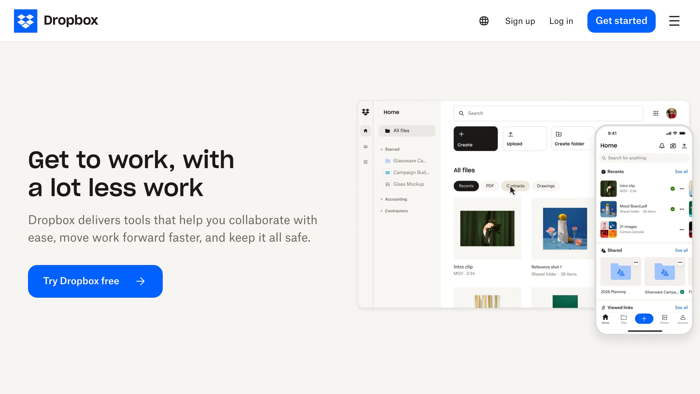الصفحة الرئيسية لـ Dropbox تُظهر هوية إعادة البناء 2017 بنظام إبداعي متعدد الألوان وتعبيري.