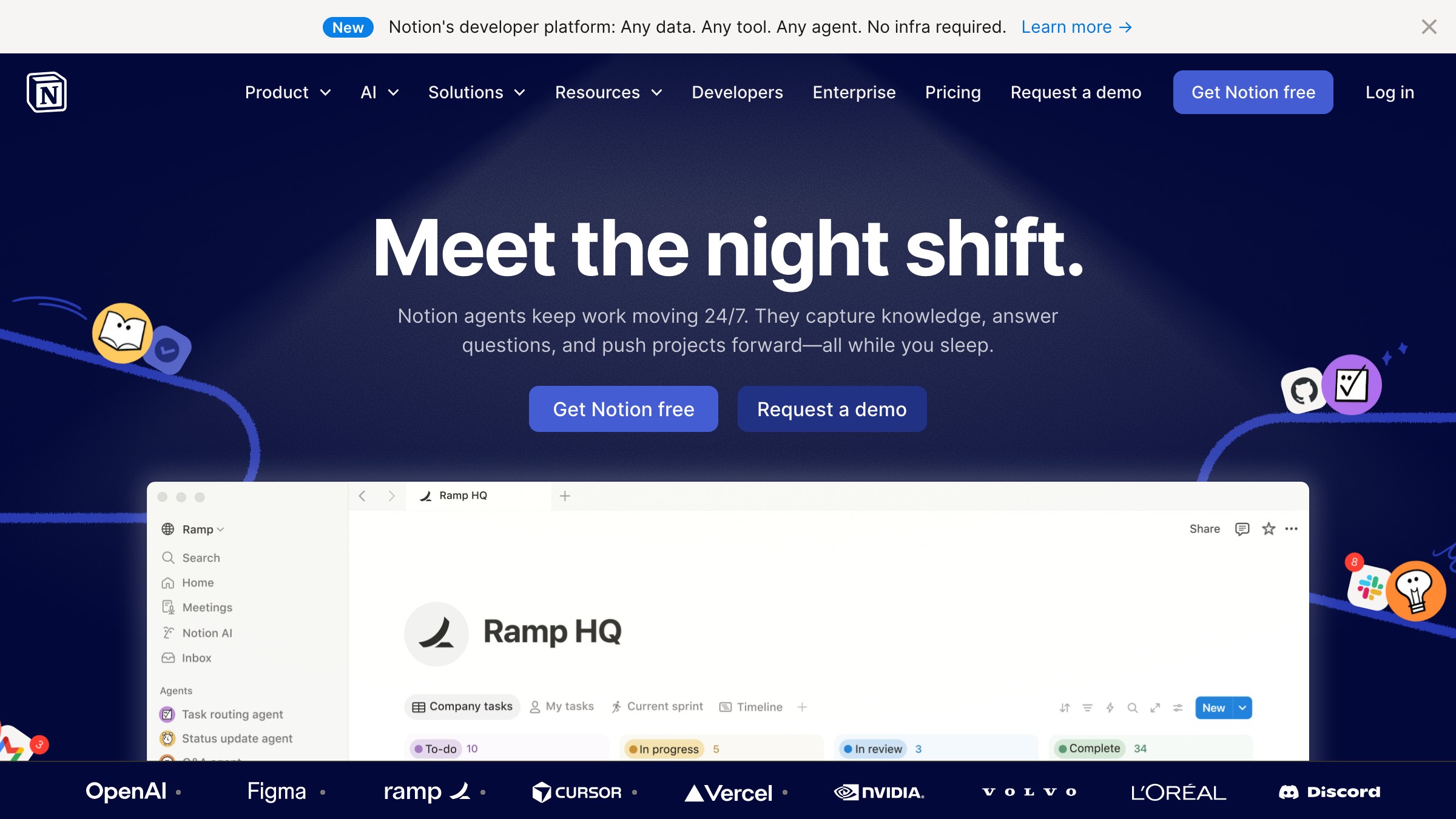 Notion's homepage showing the full wordmark alongside the standalone blocky N symbol.