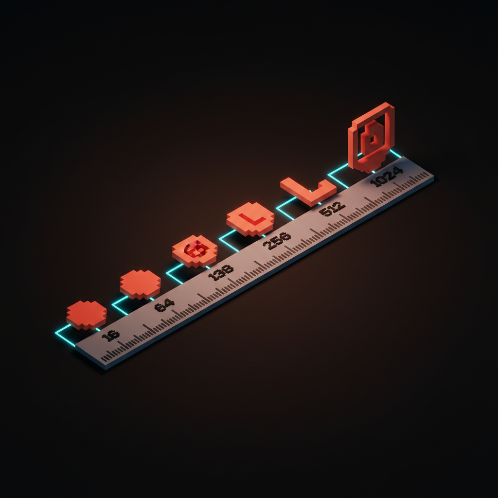 Voxel scale mapping logo tier transitions across 16px, 64px, 128px, and 256px widths.