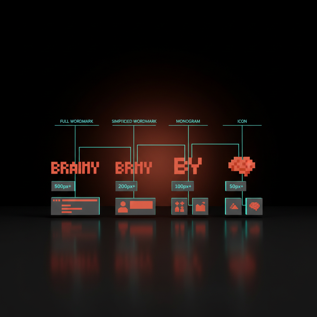 Voxel diagram of four logo tiers from full wordmark to stripped 16px icon.