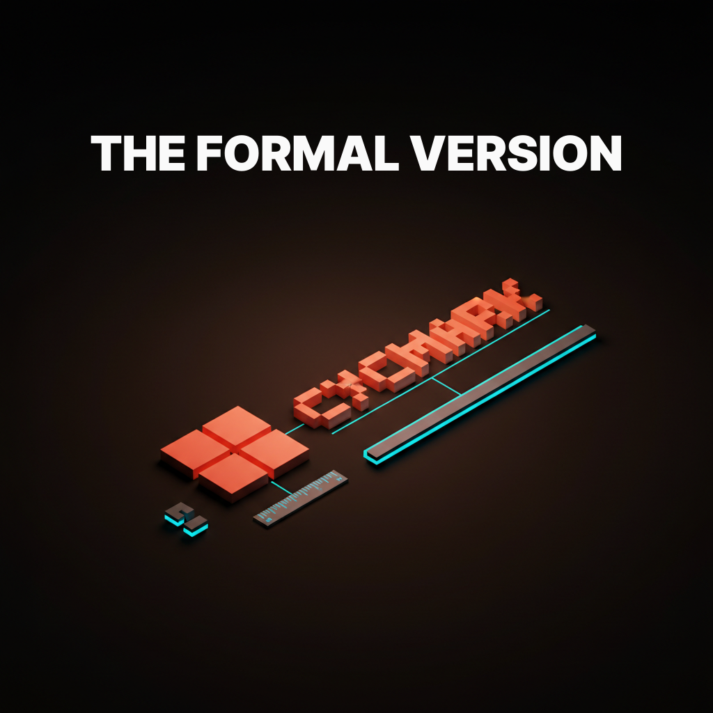 Voxel concept showing the four-tier logo ladder — full lockup at large scale stepping down through primary mark, simplified mark, and monogram as size decreases