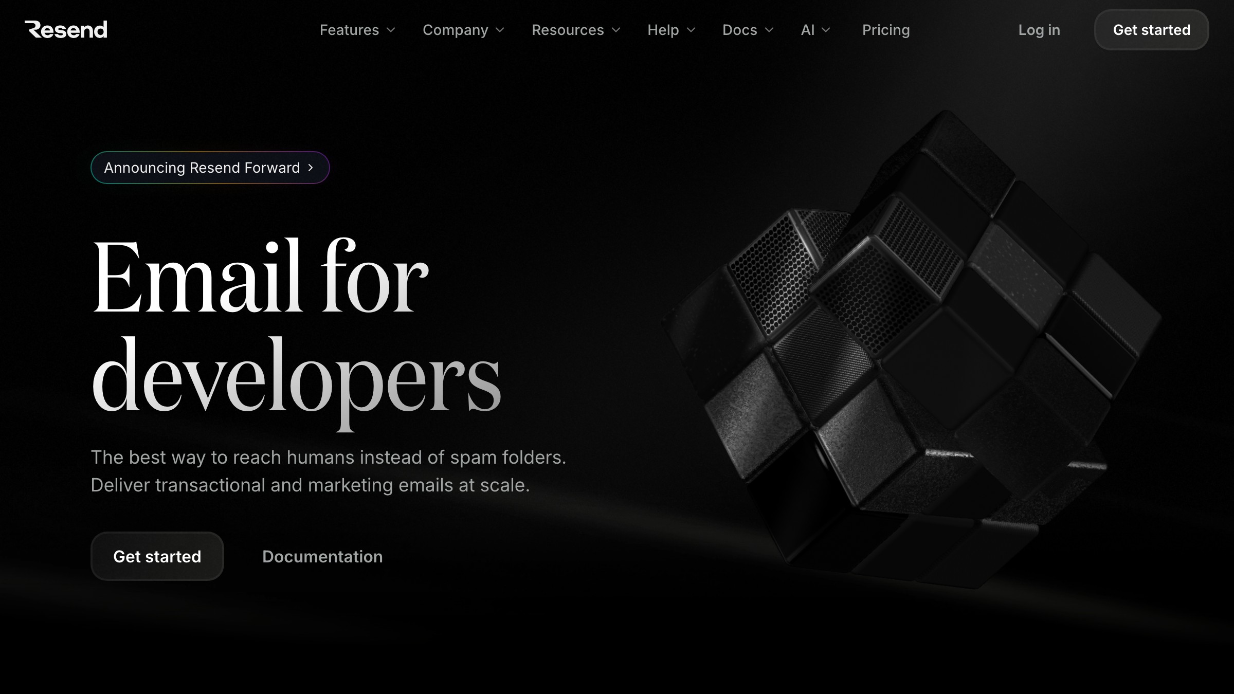 Resend homepage feature section using documentation-style copy to build trust with a developer audience.