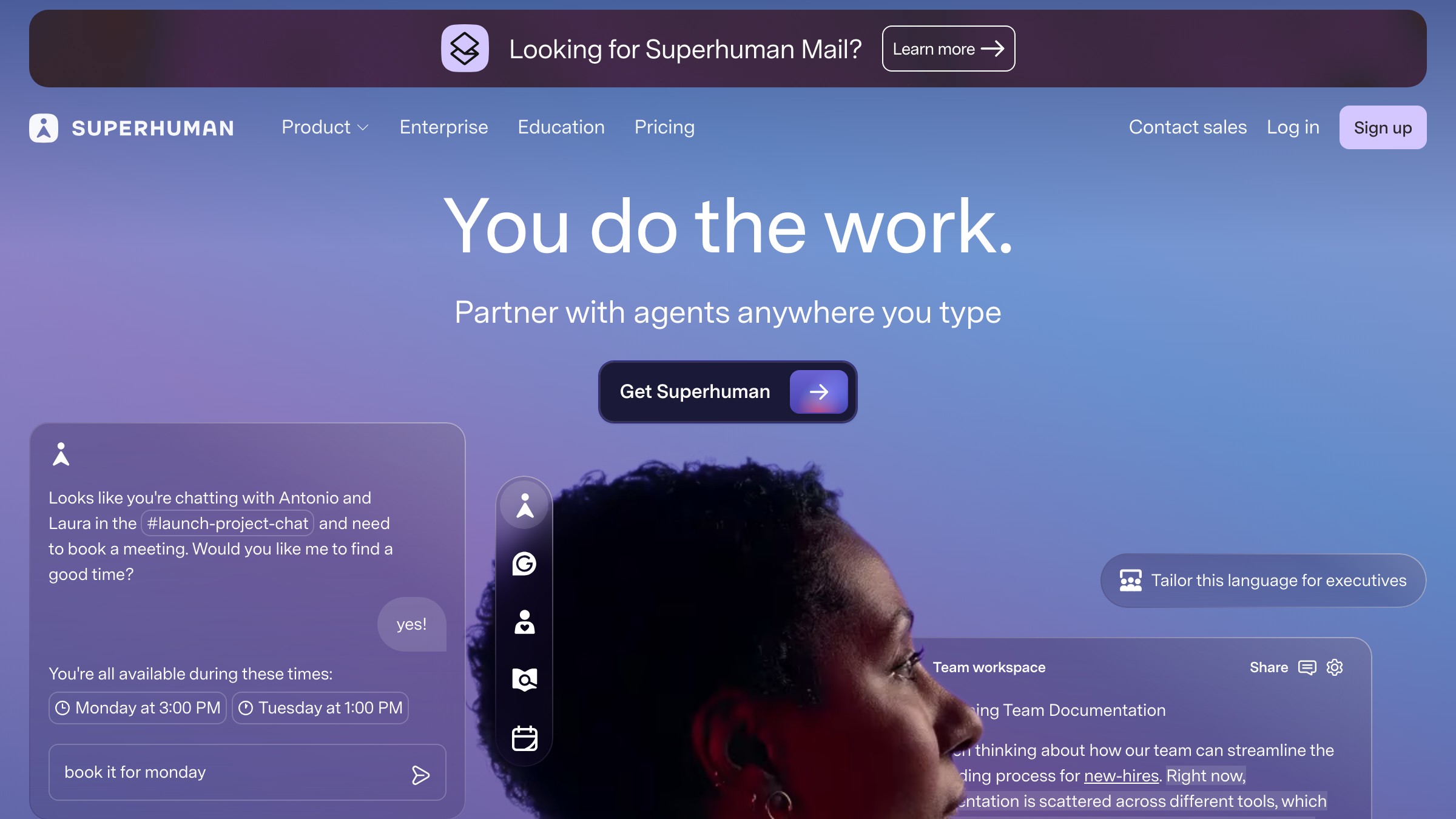 Superhuman landing page hero with loud pricing and a narrow audience filter applied before the visitor scrolls.