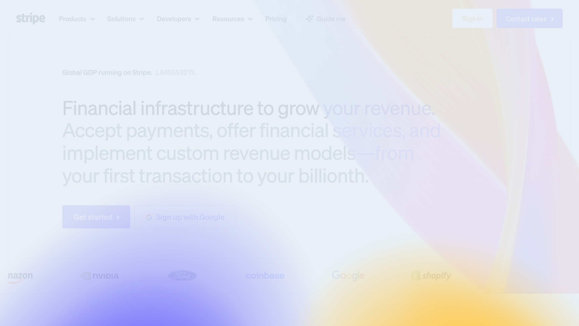 Stripe homepage hero showing a utility-first headline and a single Start Now call to action against a clean background.