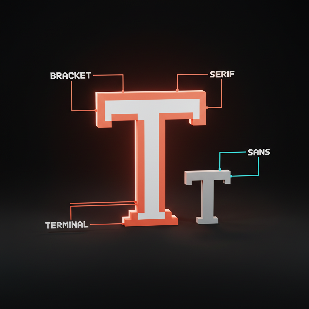 Voxel anatomy diagram showing a serif T and a sans serif T side by side with the serif feet labeled bracket, serif, and terminal