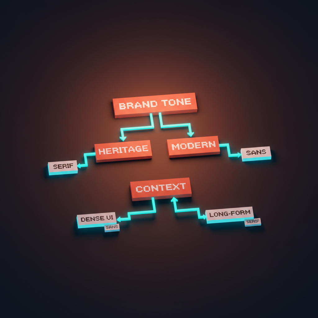Voxel decision tree showing brand tone and context branching into serif or sans serif outcomes
