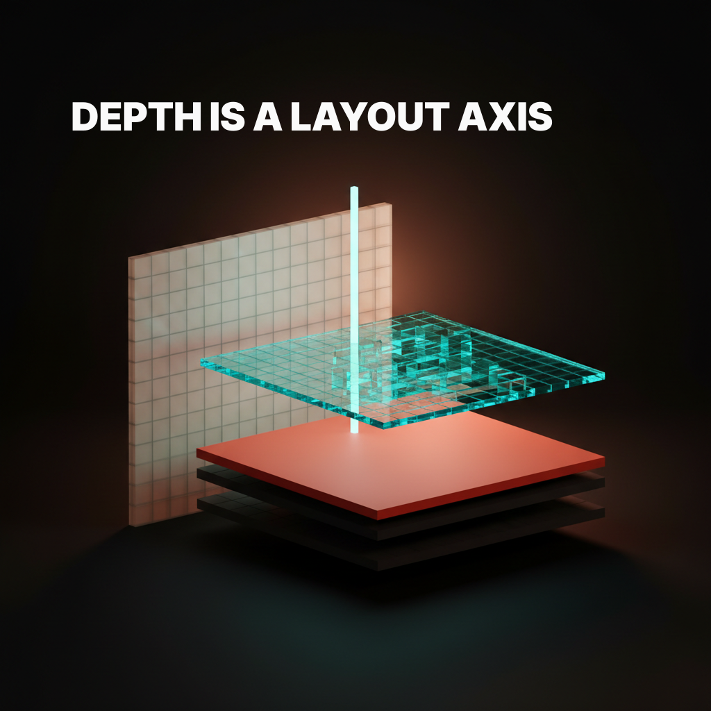Voxel concept visualizing a z-axis layout grid with five distinct elevation levels: surface, raised, floating, modal, and overlay, each carrying its own shadow and blur token