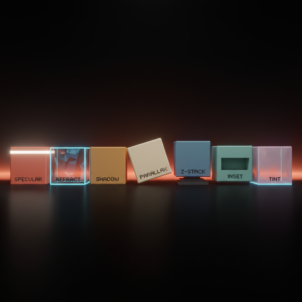 Voxel concept illustrating the seven repeatable craft moves that define modern skeuomorphic UI: specular highlights, refraction, shadow stacks, material parallax, depth z-stacking, inset states, and glass tint