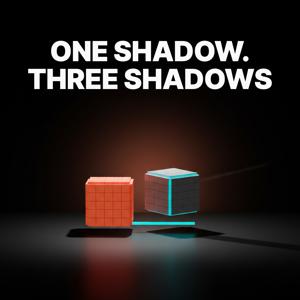 Voxel concept showing a three-layer shadow stack on a UI card: contact shadow at the base, soft ambient shadow, and hard directional shadow conveying real physical elevation