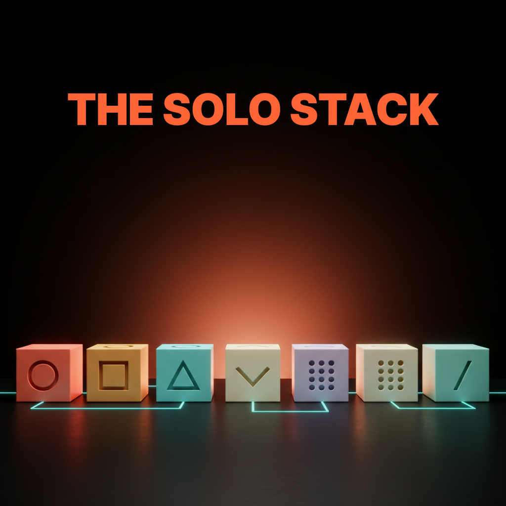 Voxel composition of seven small heavy blocks in a horizontal row in coral amber cream cyan soft violet off-white and pale teal, single-word etched labels reading FIGMA CLAUDE CURSOR LOVABLE NOTION LINEAR STRIPE, dark studio floor with coral haze