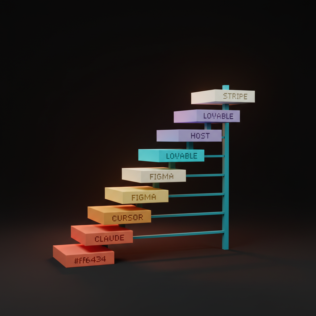 Composition voxel d'un escalier à six marches, haut et étroit, aux teintes corail, ambre, crème, cyan, violet doux et blanc cassé. Étiquettes gravées portant l'inscription « CLAUDE CURSOR FIGMA LOVABLE HOST STRIPE ». Sol sombre de studio avec une brume corail.