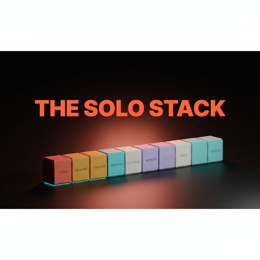 Composition voxel de sept petits blocs lourds disposés horizontalement, dans des tons corail, ambre, crème, cyan, violet doux, blanc cassé et bleu sarcelle pâle. Étiquettes gravées d'un seul mot : FIGMA CLAUDE CURSOR LOVABLE NOTION LINEAR STRIPE. Sol sombre du studio avec une brume corail.