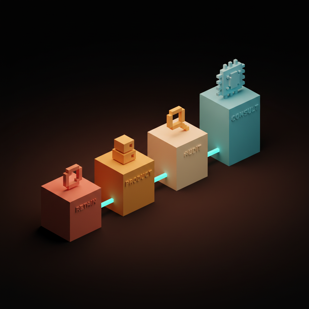 Composition voxel de quatre lourds socles disposés horizontalement en légère élévation, dans des tons corail, ambre, crème et cyan. Chaque socle porte un petit glyphe et une étiquette gravée d'un seul mot : « RETAIN PRODUCT AUDIT CONSULT ». Sol sombre de studio avec une brume corail.