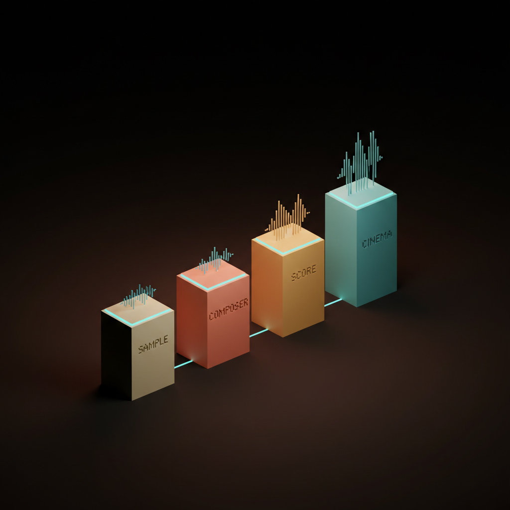 Voxel concept illustrating the four production tiers of sonic branding, from sample-pack DIY at the base through composer-led, original score, and cinematic scale at the top