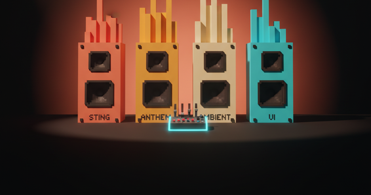 Four voxel speaker monoliths labeled STING ANTHEM AMBIENT UI with waveform towers and a small mixing board