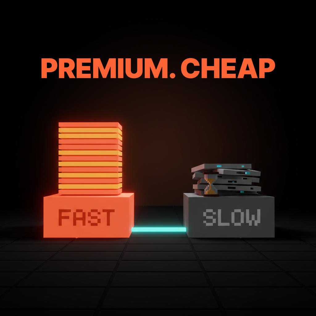 Voxel composition of two voxel pedestals side by side at center stage, a coral pedestal carrying a tight bright stack of clean horizontal content bars in coral and amber stacked tightly with no gaps lit brightly from above, a charcoal pedestal carrying a sagging loose pile of dim grey content bars with visible gaps and a small voxel hourglass slumped in the middle, single-word etched labels FAST and SLOW