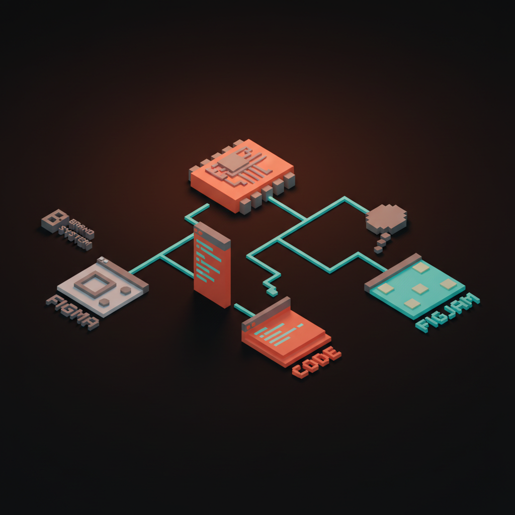 Voxel decision tree with a DESIGN TASK root chip branching into three coral-and-cyan paths labeled brand or systems to FIGMA, product surface to CODE, diagram or alignment to FIGJAM