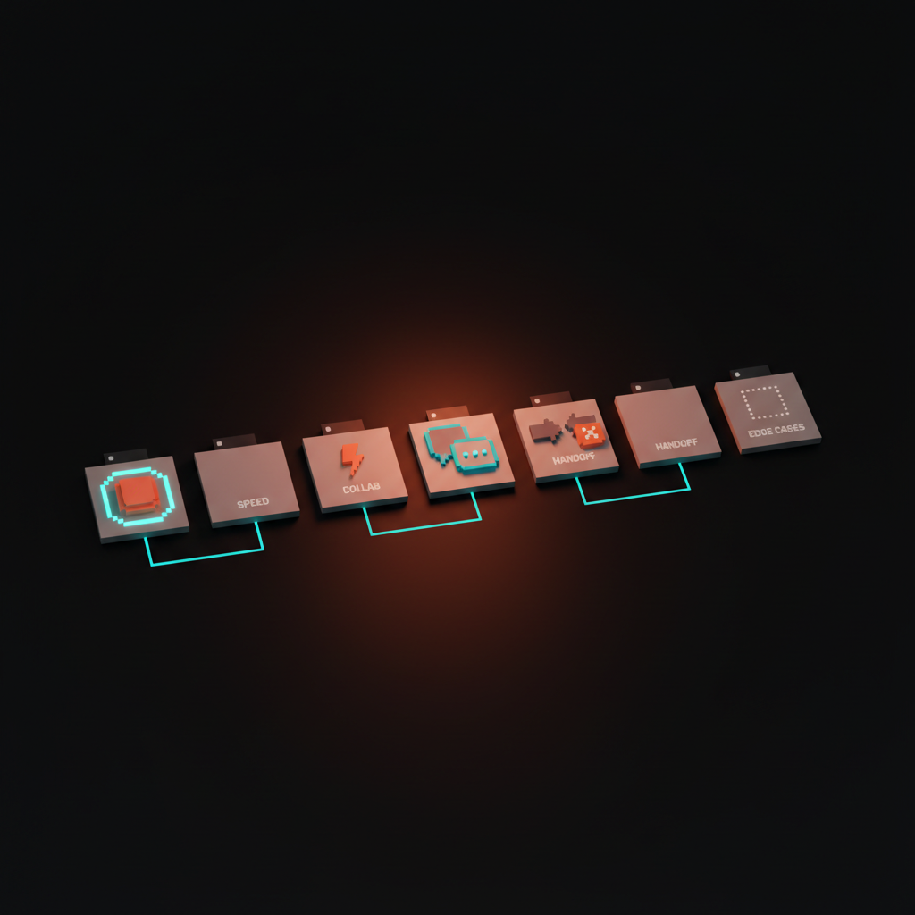 Voxel five-cell grid in a row showing fidelity, speed, collab, handoff, and edge cases as small etched tiles with tiny voxel icons
