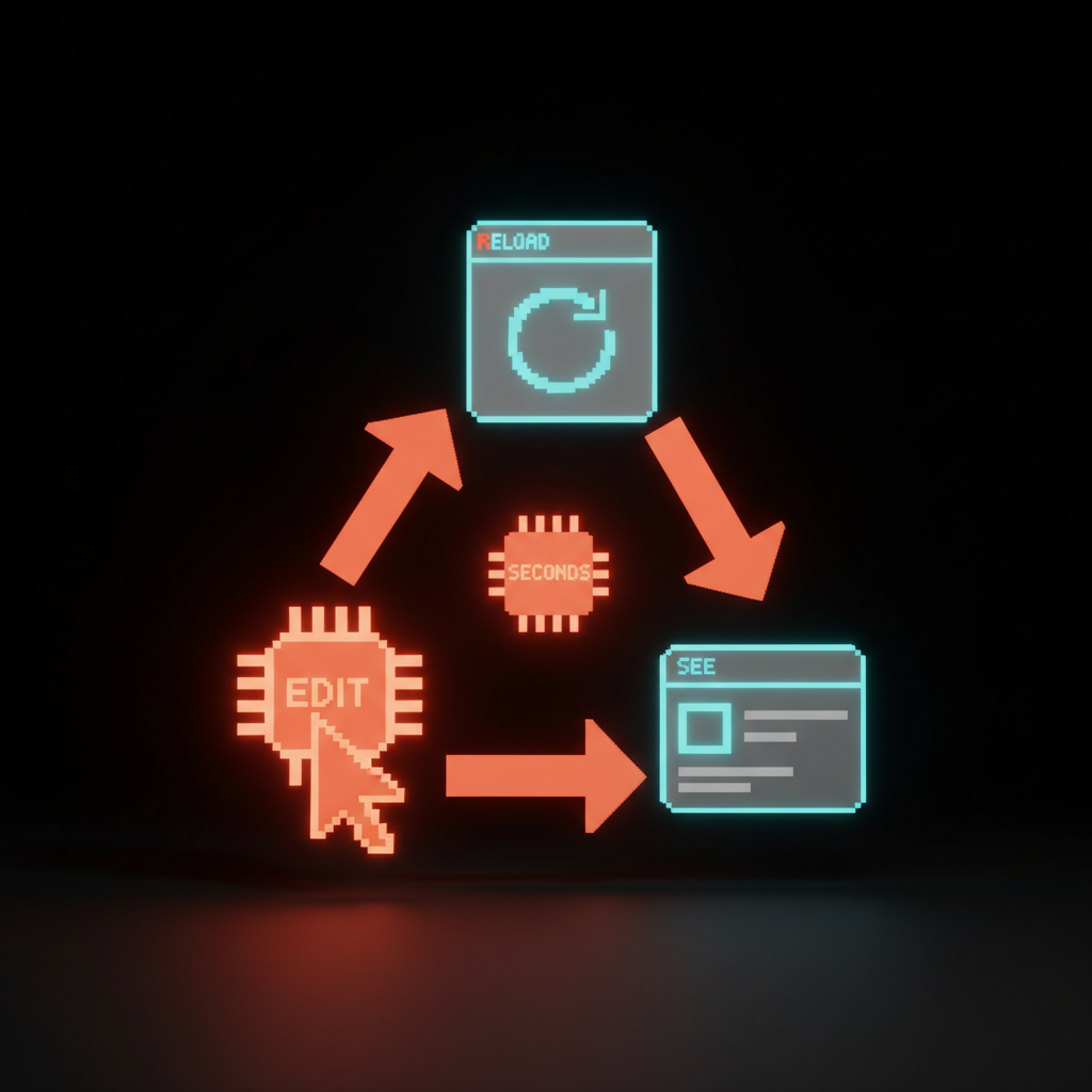 Voxel circular iteration loop with three waypoints edit, reload, see connected by thick coral arrows and a center chip reading SECONDS