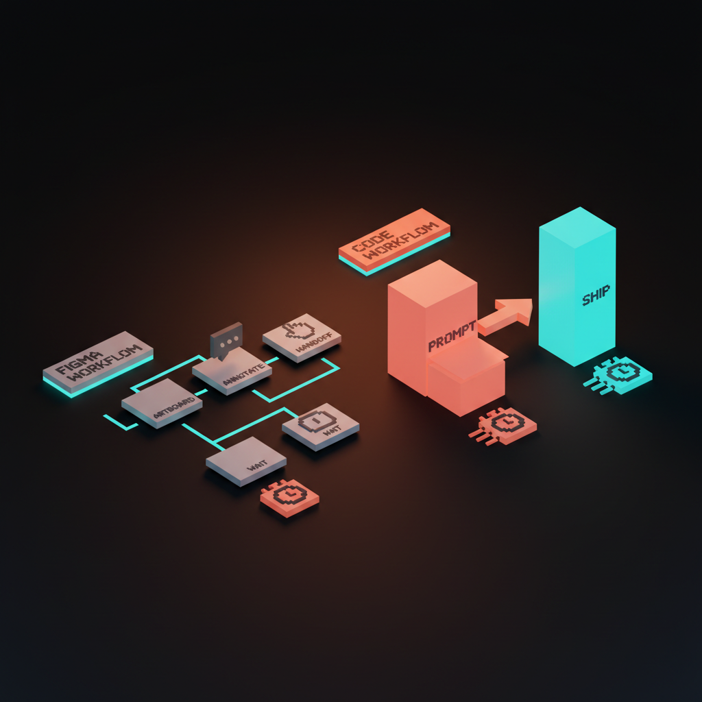Voxel side-by-side workflow diagram with a slow gray Figma lane on the left and a tight coral-and-cyan code lane on the right, both sharing a stopwatch baseline