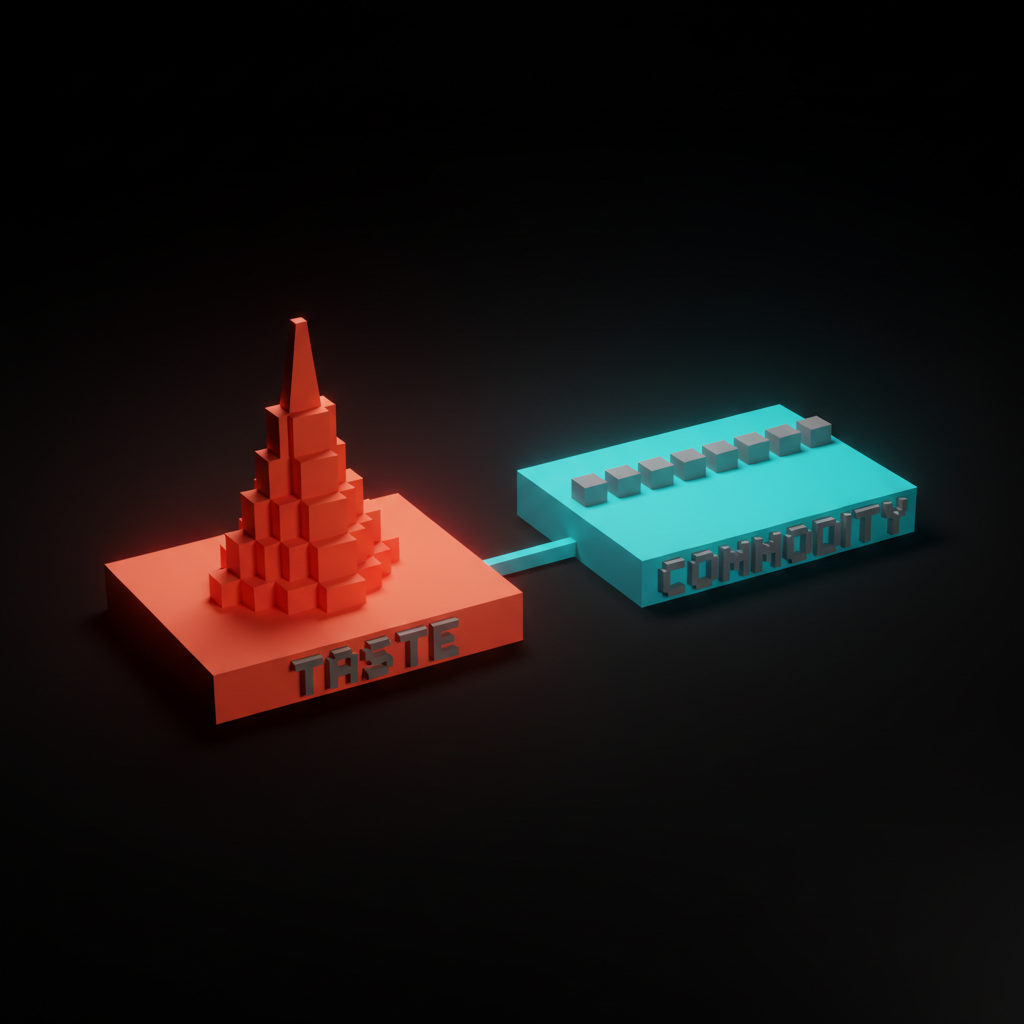 Voxel comparison of two slabs side by side, the left coral slab with a tall sharp peak labeled TASTE, the right cyan slab with a flat row of identical small blocks labeled COMMODITY, dark studio with coral haze
