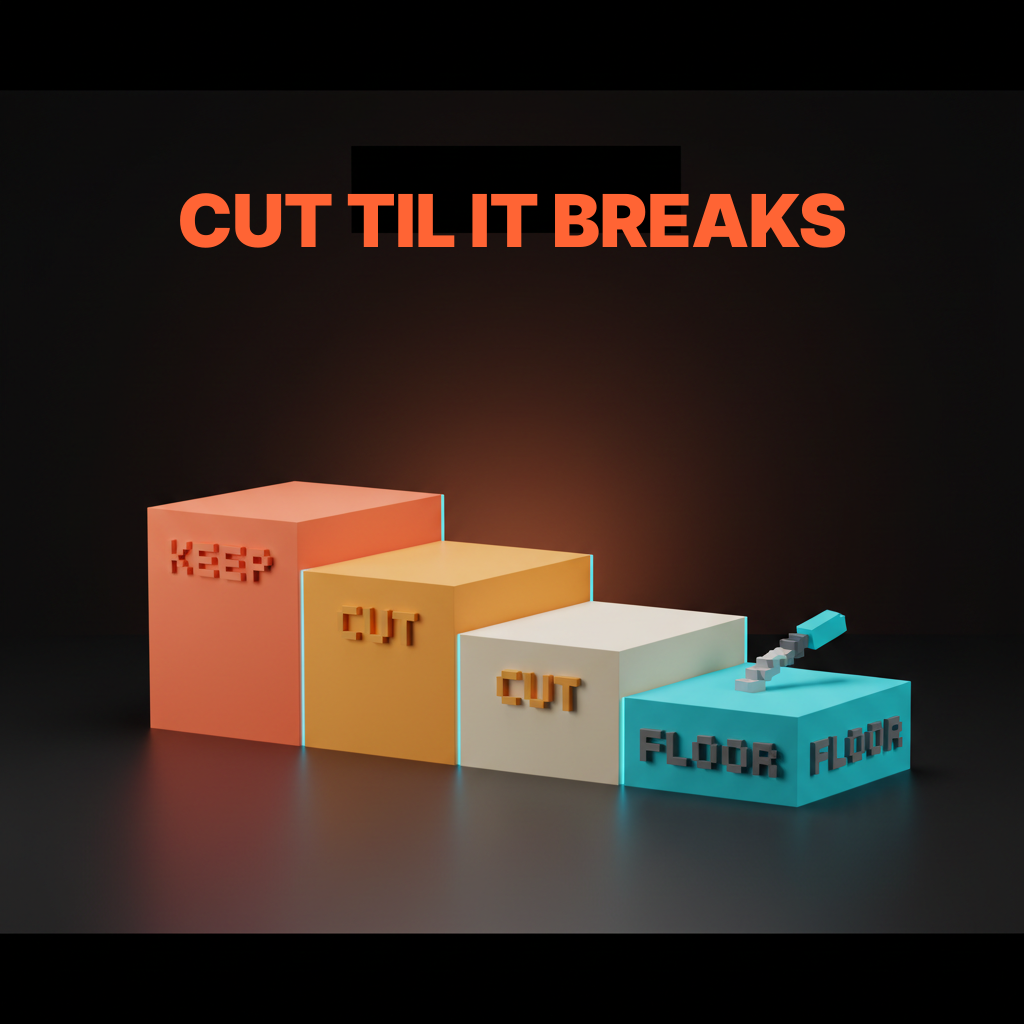 Voxel staircase of four descending slabs in coral amber cream cyan with etched labels KEEP CUT CUT FLOOR and a small chisel resting on the floor slab, dark studio with coral haze